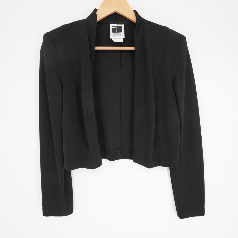 TADASHI Blazer Womens S Black Collarless Open Stretch Jersey Short Slim Fit